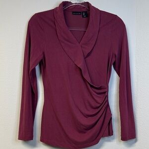 Tahari Burgundy Draped Faux Wrap Blouse Women's Size S EUC